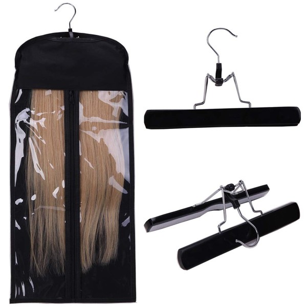 S-noilite Hair Extension Hanger with Storage Bag Carrier Case Portable Hair Extension Holder with Double Anti-Slip Stickers & Dustproof Protection Case (Color: Black)