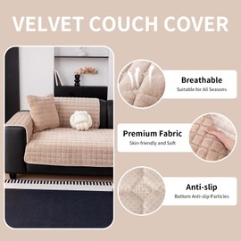 MDSASFD Velvet Couch Cover, Washable Sectional Sofa Cover, Anti Slip Sofa Slipcovers for 3 Cushion Couch Sofa L Shaped Recliner, Furniture Protector Covers for Pets Kids(Khaki, Only 1 PCS)
