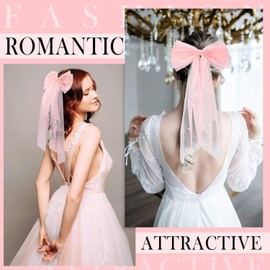 Bridal Hair Bow Veil Bachelorette Party Pearl Hair Clip Wedding Veil Bride Accessories Bridesmaid Favors Large Bow with Barrette Bachelorette Party Decorations (Champagne color, Below 60cm)