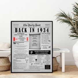 90th Birthday Party Decorations Poster - 90 Years Ago Anniversary Card for Women and Men. Back In 1934 Home Decor Supplies for Her or Him Turning 90 Years Old. 11 x 14 In Birthday Retro Card.