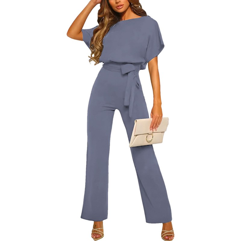 amropi Women's Short Sleeve O-Neck Elegant Long Jumpsuit Jumpsuit Trouser