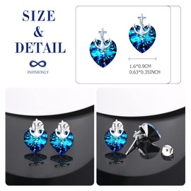 INFINIONLY Women's Blue Heart Crystal Earrings Elegant Anchor Girls Stud Earrings Fashion 925 Silver Heart Earrings Crystal Jewellery, Sterling Silver, Crystal Cubic Zirconia