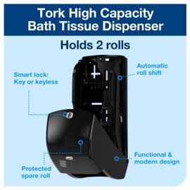Tork Twin Bath Tissue Roll Dispenser Black T26, High Capacity, Elevation Range, 6.5" x 6.3" x 14.2", 555628