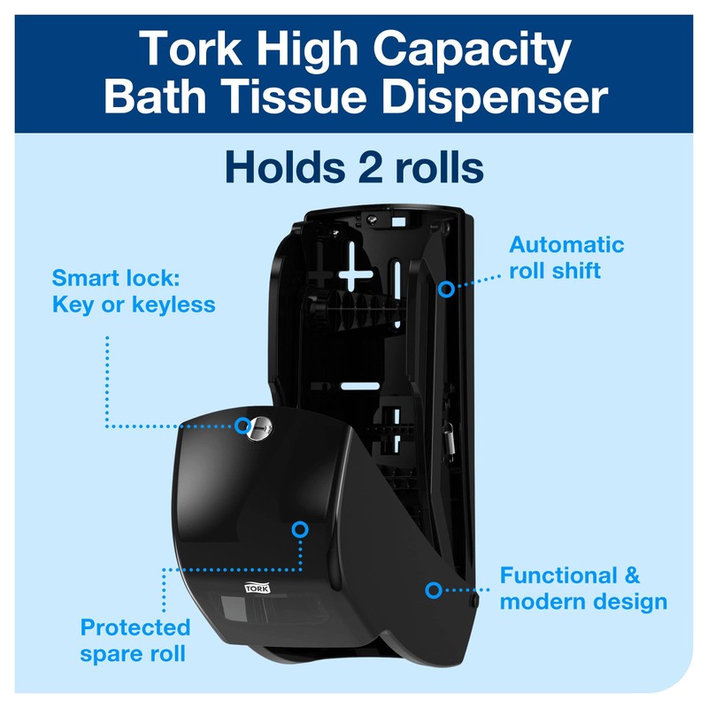 Tork Twin Bath Tissue Roll Dispenser Black T26, High Capacity,