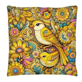 The Beach Stop Colourful Mosaic Yellow Birds & Flowers Accent Cushion Cover | Home Decor Inspo | Gift Idea for Bird Lovers | 45x45cm 18x18” | Mandala Birds