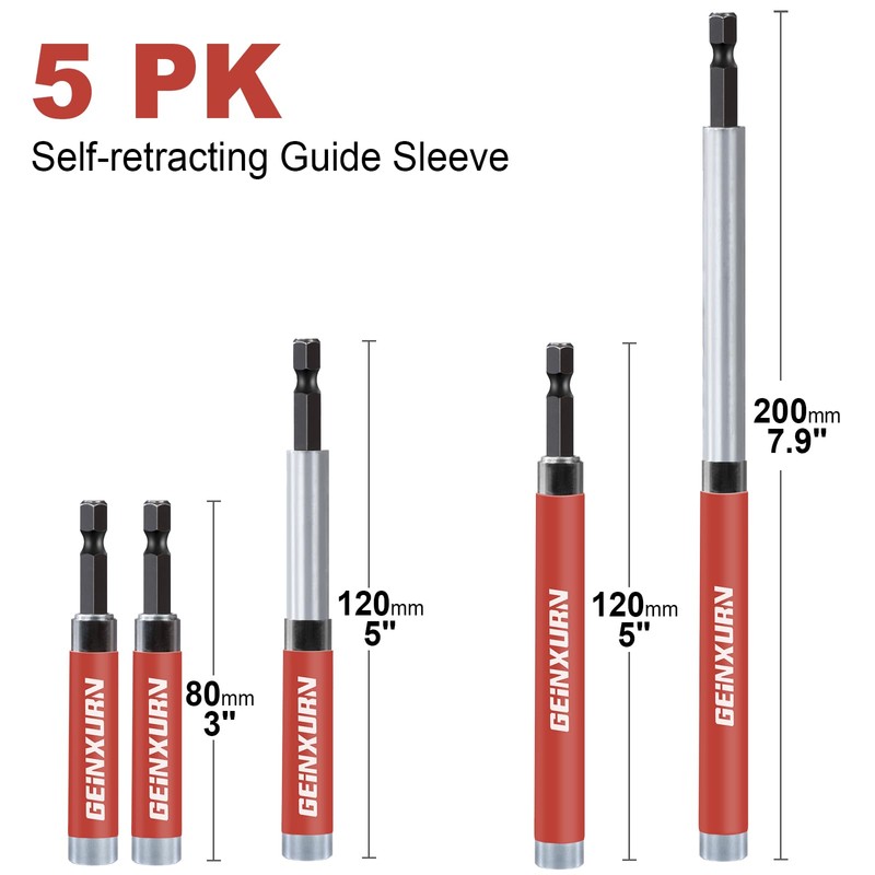 Geinxurn 5Pieces Drive Guide with Self Retracting Sleeve,3.2”/4.7” Mixed Length