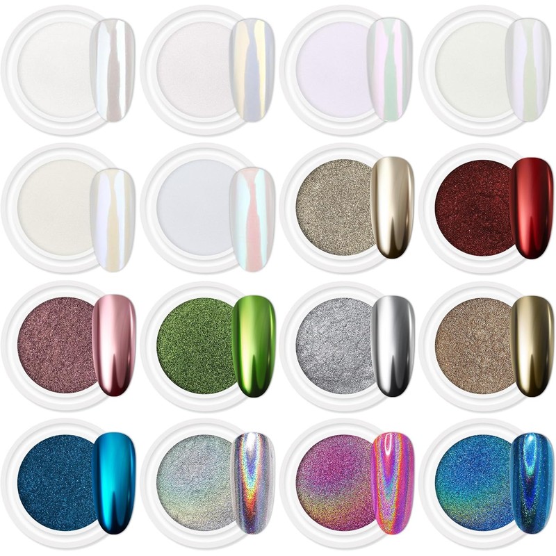 16 Polvo Cromado para Uñas, Nail Art Glitter con Efecto
