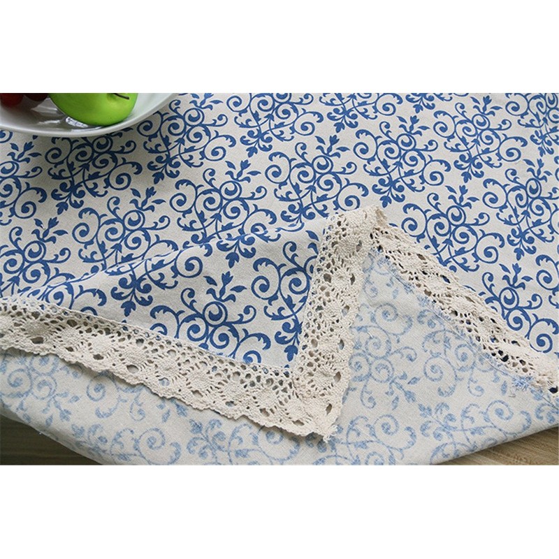 Superwinger Classic Linen Cotton Blue Flower Printed Tablecloth Dustproof Rectangular