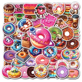 WESILY Pack 50 PCS Donut Stickers Doughnut Themed Waterproof Sticker Vinyl Decals Supplies Favors Party Decor Water Bottles Laptop Phone Helmet Scrapbooks Gifts Birthday