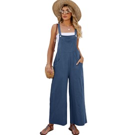 Flygo Overalls for Women Cotton Linen Bib Overalls Loose Fit Wide Leg Jumpsuits Casual Rompers with Pockets(Blue-L)