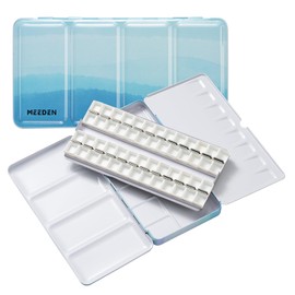 MEEDEN Empty Watercolour Tin Palette: Portable Watercolour Palette Painting Box with 52 Half Pans - Metal Watercolour Palette Tin with Lid for Artists Students Adults (Blue)
