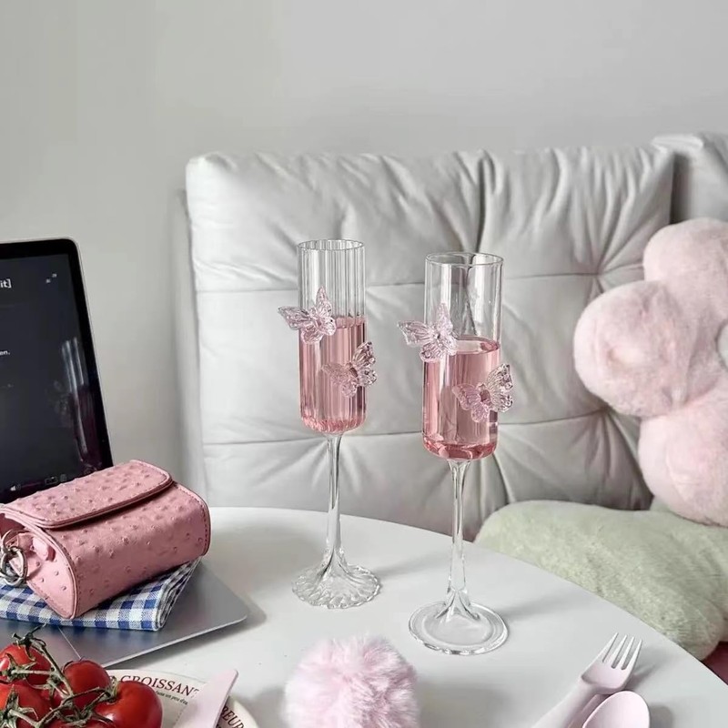 2Pcs Pink Butterfly Wine Glasses, 3D Butterfly Champagne Cups Drinking