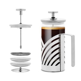 OVENTE French Press Coffee Maker 12 Ounce with Heat Resistant Borosilicate Glass, Stainless Steel Design and 4-Level Filter System, Portable Cold Brewer Pot for Travel, Camping or Gift, Silver FSD12P