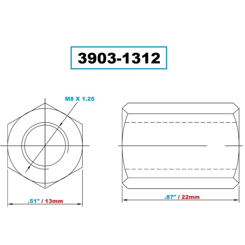 Vertex 3903-1312 M8 X 1.25 22mm Long Coupling Nut