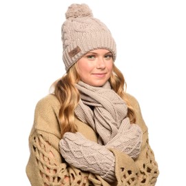 3 in 1 Women Soft Warm Thick Cable Knitted Hat Scarf & Gloves Winter Se (Olive)