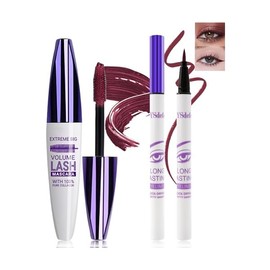 Burgundy Mascara Liquid Eyeliner Set,5D Waterproof Silk Fiber Colored Mascara Volume and Length,Longlasting Smudgeproof Color Eye Liner Pen,Mother's Day Colorful Eye Makeup Gift Kit for Women Girl-08