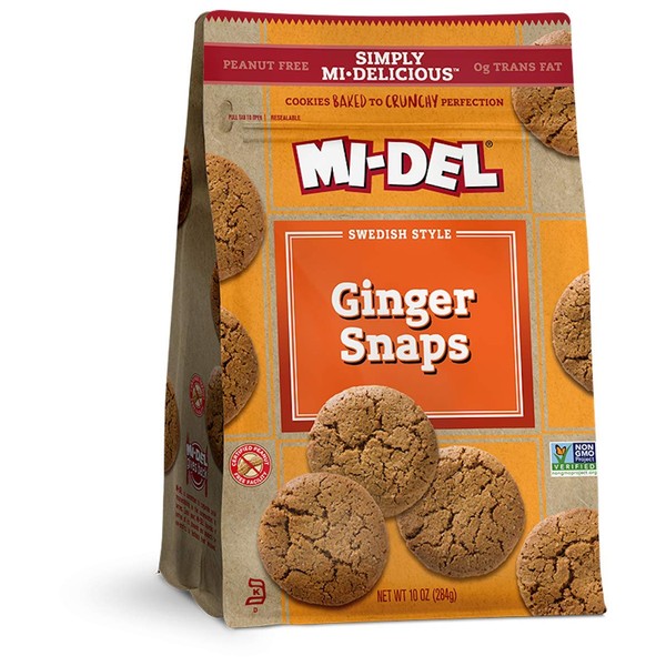 Mi-Del Ginger Snaps - Crunchy Ginger Cookies Made with Real Ginger - Swedish Ginger Snaps Cookies Old Fashioned - Non-GMO Certified, 0g Trans Fat, Healthy Cookies (Pack of 8)