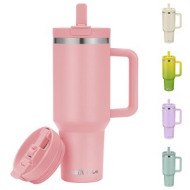 Labulabla 40oz Stainless Steel Insulated Tumbler with Flip Straw, 2-in-1 Lid, 100% Leakproof, Cup Holder Friendly, Handle, BPA-Free (light pink, 40, ounces)