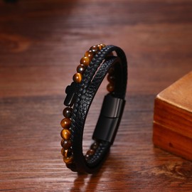 Cupimatch Cross Men's Leather Bracelet: Multilayer Braided Leather Bracelet Stainless Steel Cross Cuff Beads Jewellery Gift for Valentine's Day Christmas Birthday Anniversary, Leather Stainless Steel