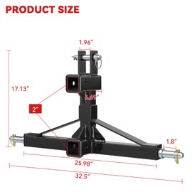 Black 3 Point Hitch Receiver with Dual 2” Receiver, 3 Point Trailer Hitch for Tractor, Fit for Standard/5th Wheel/Goose Neck Connections, 3 Pt Quick Hitch Farm Equipment and Subcompact Trailer Hitch