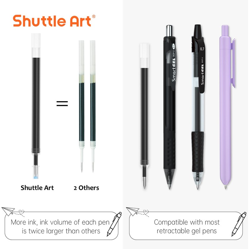 Retractable Gel Pen Refills, Shuttle Art 30 Pack Black Rollerball