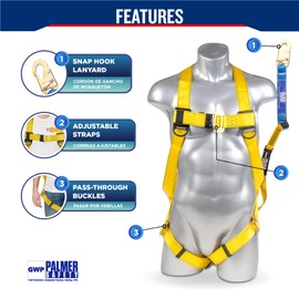 Palmer Safety (4 Pack Safety Harness w/Detachable 6 ft Lanyard I Single Leg Lanyard w/Internal Shock Absorbing & Snap Hook I OSHA/ANSI Fall Arrest Kit