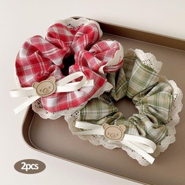 iRIIRIO 2pcs Large Colored Plaid Hair Scrunchies with White Lace Hem Cute Bear Ribbon Bow Elastic Hair Ties Hair Accessories for Women Girls (Red+Light Green)