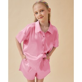 Petite&Me Girls' Silk Pajama Set Button-Down Shirt Collar Top & Lounge Shorts Sizes 6-14(Bubblegumpink, 8)