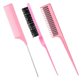 Patelai 3 Pieces Hair Styling Comb Set, Includes Hair Brush Teasing Fluffy Hair Brush, Rat Tail Comb Teasing Comb and Triple Teasing Comb for Women Back Combing Hair(Pink)