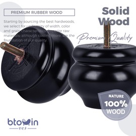 Btowin 2 Inch / 5cm Solid Wood Furniture Legs, 4Pcs Black Round Gourd Wooden Bun Feet with Threaded M8 Hanger Bolts & Mounting Plate & Screws for Sofa Couch Cabinet Chair Ottoman
