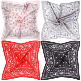 Syhood 4 Pcs 27'' Square Satin Head Scarves Satin Bandanas for Women Satin Headband Scarves Silk Feeling Scarf Boho Headwear (Black, Red, Pink, Gray)