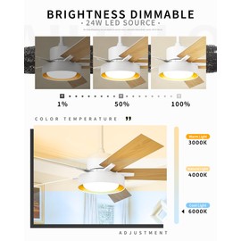 AUTELO Ceiling Fans with Lights - 52" Modern White Ceiling Fan, 3CCT 24W Ceiling Fans with Lights and Remote with 5 Blades and Reversible DC Motor, White and Wooden Finish for Living Room, F3698 WH-NW