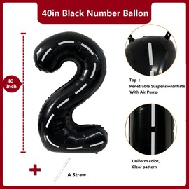 40 Inch Race Car Black Number Balloons Race Car Birthday Party Balloons Large Black Number 2 Balloons Boys 2nd Birthday Party Race Car Theme Party Decorations Supplies（Digital 2）