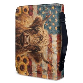 Salabomia Highland Cow Bible Cover Case PU Leather Book Cover for Girls Women, American Flag Scripture Bag Bible Cover Bags with Handle, Brown, XL