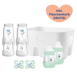MAM Easy Start Anti-Colic Combi Set, 0+ Mon, Baby Bottle Set, 94% Acceptance, 96% Midwife Recommendation, 80% Less Colic, 6 Drinking Bottles, 2 Original Start Dummies and 1 Bottle Basket, Mint