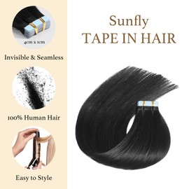 Sunfly Tape in Hair Extensions Human Hair 24 Inch Jet Black 20 Pieces Invisible Hair Extensions Tape Ins Seamless Adding Length 50g