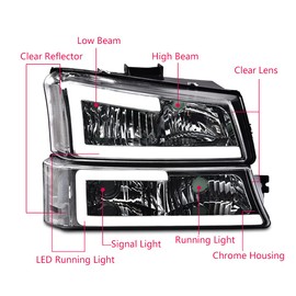 GRAND ORANGE LED DRL Headlight Assembly Compatible with Chevy Silverado/Avalanche 1500 2500 3500 HD Models 2003-2006 Headlamp Smoky lens Chrome Housing Amber Reflector