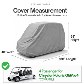 Formosa Weatherproof Four Seat Golf Cart Cover for Polaris GEM E4 Ford Think Model 4 Passenger Golf Car Storage Cover - Vented, Grommets for Security, Fully Elastic Hem