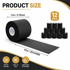 LOLYSIC 12 Pcs Foam Pre Wrap Athletic Tape 2.75" x 30 Yards Black Breathable PU Foam Sports Wraps for Running, Hiking, Hair Protection, Ankle, Wrist & Knee Support Lightweight Pre Wrap Tape
