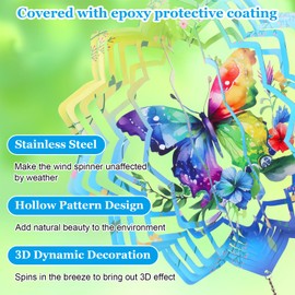 FACIACC Wind Spinners Outdoor, Butterfly Metal 3D Hanging Garden Decor, 12-inch Stainless Steel Wind Spinner with Tail Spinner, Wind Sculptures for Indoor Patio Lawn Yard, Ornament Gift for Women/Men