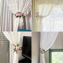 EHERDM 2Pcs Flower Magnetic Curtain Tiebacks Pink Adjustable Elegant Floral Tie Backs for Curtains Drapes Window Wedding Aisle Chair Decorations Curtain Buckle Strap for Home Office Bedroom Decor