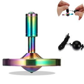 LOQATIDIS Precision spinning top with cord, high-performance gyro toy made of stainless metal and without gravity, amazing spin time of up to 15 minutes, efficient waste of time (L, colourful)