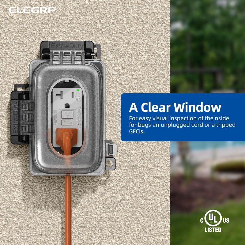 ELEGRP Weatherproof Outdoor Outlet In-Use Cover, Horizontal/Vertical Mount, Heavy-Duty Clear