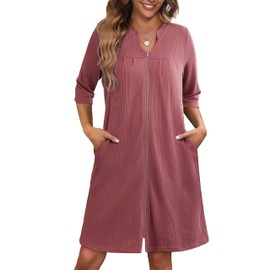 Ekouaer Zipper Robes for Women 3/4 Sleeve Waffle Knit Bathrobe Lightweight Short Housecoat with Pockets Soft Loungewear