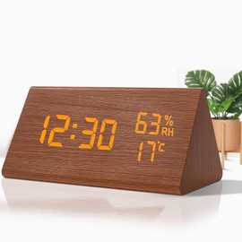 VORRINC Alarm Clock Digital Alarm Clock Wood Effect Alarm Clock Table Clock with Voice Control / Date / Indoor Temperature and Humidity, 3 Adjustable Alarm Groups for Home, Children, and Office