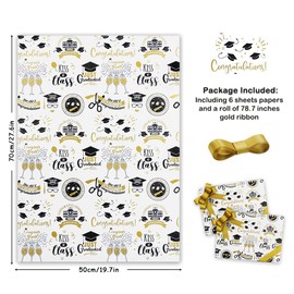 Graduation Wrapping Paper 2024, 6 Sheets White and Gold Grad Gift Wrap Papers, Flat Wrap 20 x 28 inches per sheet with 1 Roll Gold Ribbon for Ceremony Party Grade Class Celebrations Graduation Supplies Decorations