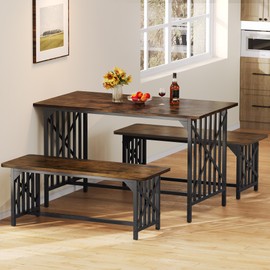 DWVO 3-Piece Kitchen Table with 2 Bench 47.2 Inch Dining Table Set for 4 People Industrial Rectangular Dining Room Furniture Set with Storage for Kitchen Rustic Brown