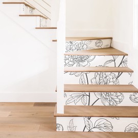 funlife 15Pcs Vinyl Peel and Stick Stair Riser Stickers, Self-Adhesive Staircase Riser Decals, 39.37"x7.09" Large Vintage Sketch Peonies