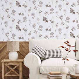 Ismoon Floral Peel and Stick Wallpaper Boho Wallpaper White/Grey Contact Paper Removable Stick on Wall Paper Self Adhesive Vinyl Wallpaper for Bedroom Cabinet Shelf Renter Friendly 17.3x78.7in