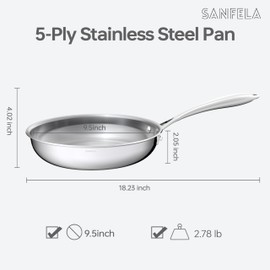 SANFELA 9.5 Inch Stainless Steel Frying Pan, 5-Ply Stainless Steel Pan, Dishwasher and Oven Safe, Induction Pan, Even Heat Distribution